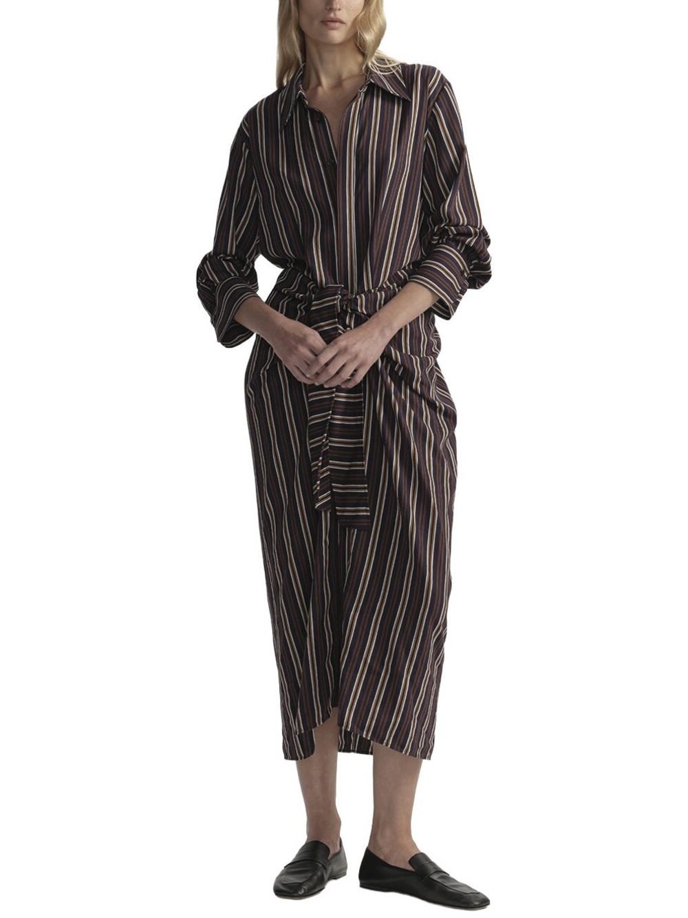 ALC Mila Striped Brown Tie-Waist Shirt Dress